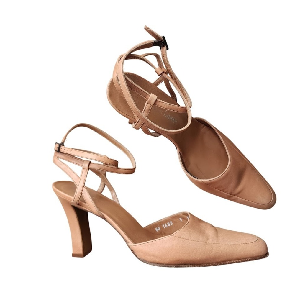 RALPH‎ LAUREN Vintage 90s Nude Leather Ankle Strap Heels Old Money Core Size 9B